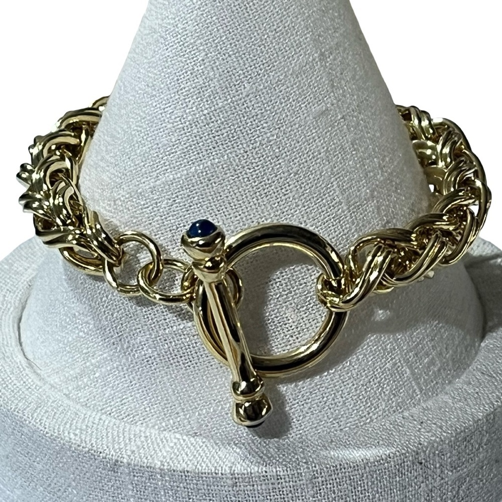 Gold Tone Link Bracelet Toggle Clasp With Blue Cabachon Detail